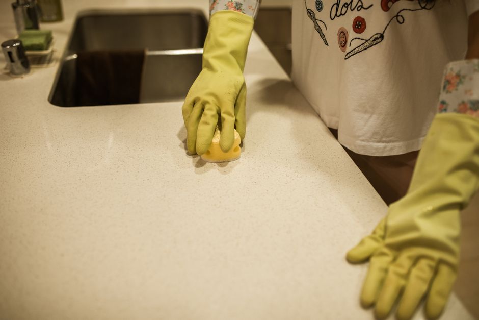 Cleaning modern kitchen counter